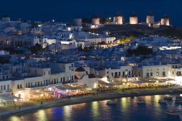 Greece, Hora Night view overlooking harbor